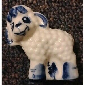 Vintage Gzhel Handmade Porcelain Lamb Miniature Figurine Russia Folk Art Decor